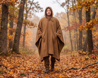 Poncho con capucha marrón para hombre / Capa medieval LARP Viking Fantasy Wrap / Capa de mezcla de lana para feria renacentista para hombre