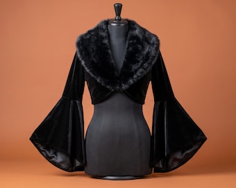 Black Velvet Faux Fur Gothic Bolero Shrug, Bell Sleeve Vampire Capelet, Handmade Fur Collar Witch Cover Up, Custom Goth Shrug