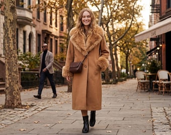 Abrigo color canela de Penny Lane para mujer, abrigo de lana con cuello de piel sintética, estilo bohemio de los años 70, de corte amplio para invierno.