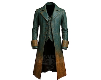 Herren Steampunk Leder Trenchcoat, viktorianischer Gothic Langer Mantel, Vintage Distressed Fliegerjacke, Pirat Cosplay Halloween Kostüm