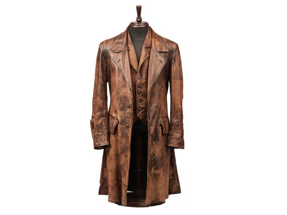 Mens Steampunk Leather Trench Coat with Vest, Distressed Brown Gothic Long Coat, Victorian Pirate Cosplay Costume, Made to Order Gift