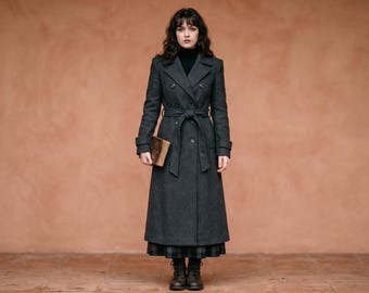 Abrigo largo de lana para mujer estilo academia oscura, abrigo cruzado negro con cinturón, abrigo gótico victoriano de invierno, abrigo maxi hecho a mano a medida