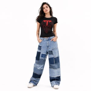 Patchwork Denim Jeans Women Wide Leg Blue, Custom Mixed Wash Baggy Pants Frayed Edges, Y2K Boho Streetwear Upcycled Gift for Her