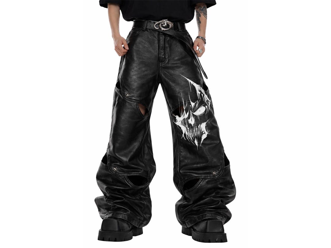 Black Leather Pants Baggy Gothic Streetwear Trousers | Wide Leg