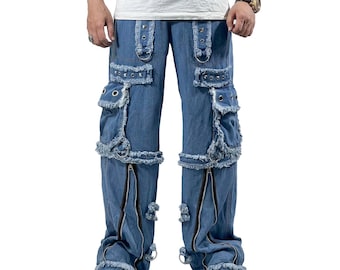 カスタムダークブルーワックスワイドレッグパンツ：ハンドメイド