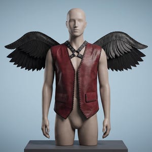 Leather Raven Wings Vest, Men's Gothic Angel Harness Costume, Handmade Burgundy Waistcoat, Dark Fantasy LARP Halloween Outfit