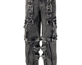 Pantalones cargo de mezclilla gris con lavado ácido hechos a mano: pantalones góticos punk de pierna ancha