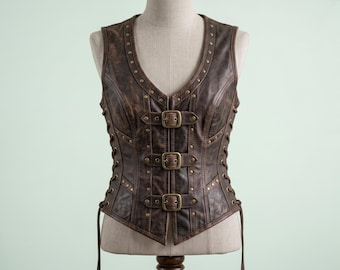 Leather Corset Vest, Distressed Brown Steampunk Waistcoat, Renaissance Faire Bodice, Gothic Festival Costume Top