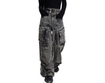 Vintage Black Baggy Cargo Jeans: Y2K Wide Leg Streetwear