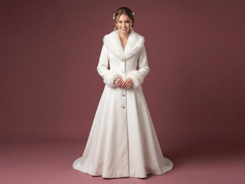 Puede incluir: Un abrigo de novia largo y blanco con cuello y pu&ntilde;os de piel sint&eacute;tica. El abrigo tiene una botonadura frontal y una falda fluida. La novia sonr&iacute;e. El fondo es rojo liso y apagado. Adecuado para una boda.