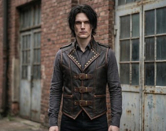 Gothic Leather Vest for Men, Black Brown Steampunk Waistcoat, Studded Buckle Biker Gilet, Pirate Cosplay Festival Outfit