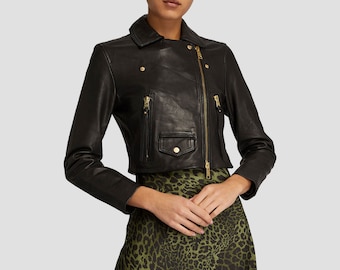 Handmade Cropped Leather Biker Jacket: Retro Moto Bomber Coat