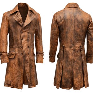 May include: A brown leather coat with a double-breasted design. The coat features a notched collar, two front pockets, and buttoned cuffs. The back of the coat has a split vent and button details. The leather has a distressed appearance.