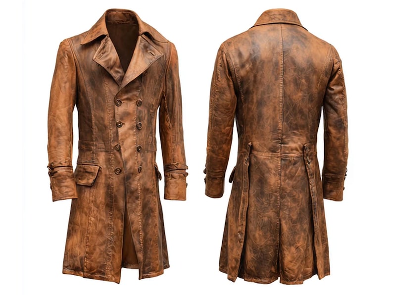 May include: A brown leather coat with a double-breasted design. The coat features a notched collar, two front pockets, and buttoned cuffs. The back of the coat has a split vent and button details. The leather has a distressed appearance.