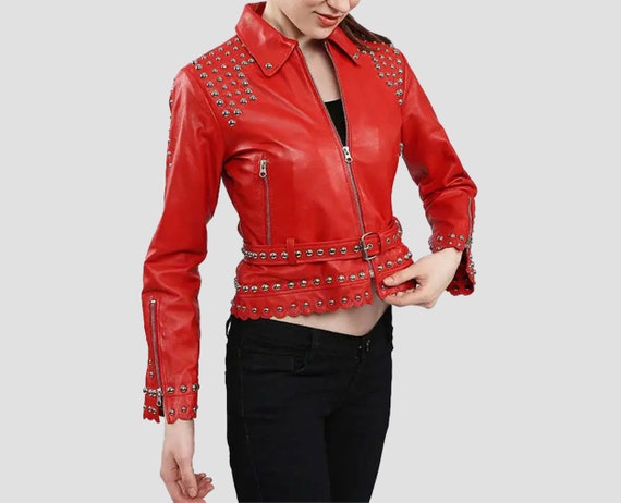 Cropped red leather jacket discount