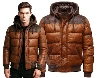 May include: A brown leather jacket with a hood. The jacket has a quilted design and a ribbed hem and cuffs. The hood and shoulder area are a darker brown. The jacket is buttoned up and has two front pockets.