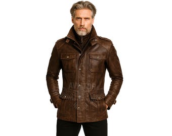 Men's Vintage Brown Genuine Leather Jacket | Handmade Classic Field Design Outerwear