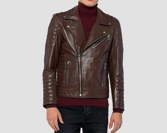 Blouson en cuir de moto vintage marron, veste motard en cuir vintage pour homme, veste en cuir classique vintage Brando pour homme, veste effet vieilli