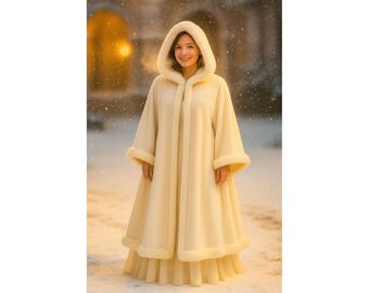 Puede incluir: Una capa con capucha de color crema con ribete de piel sintética. La capa se usa sobre una falda a juego, creando una silueta fluida. La imagen está ambientada en una escena nevada al aire libre, con una luz suave y difusa.