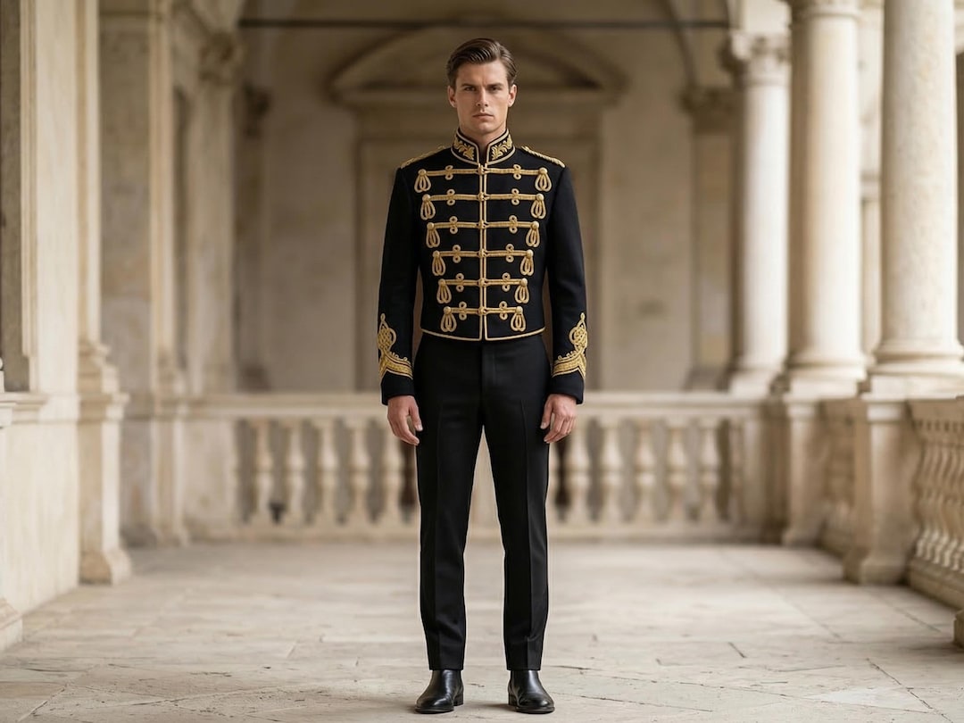 Structured Parade Black Military Jacket Gold Braided Embroidered, Ceremonial Hussar Style ...
