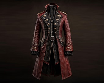 Benutzerdefinierte Burgunder Leder Piratenmantel für Männer Gothic Steampunk, beunruhigt handgefertigte lange Mantel Messingschnallen, Halloween-Kostümgeschenk für ihn
