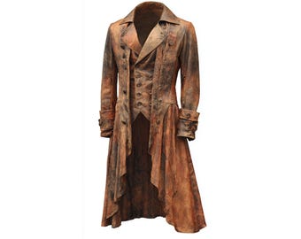 May include: A long, brown leather coat with a vest, featuring a double-breasted design and multiple buttons. The coat has a distressed appearance with dark brown accents and a long, flowing skirt.