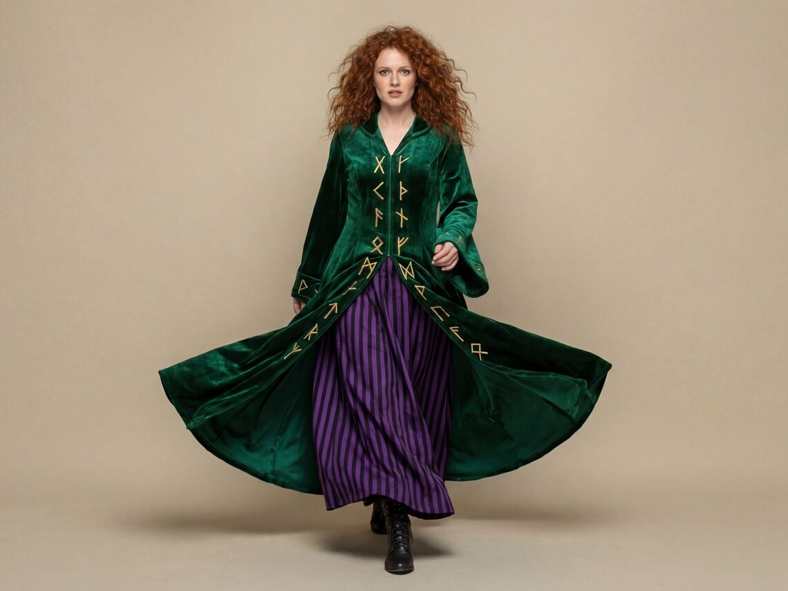 Emerald Green Velvet Witch Robe Long Sleeve Kimono Style Coat for Witch ...