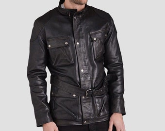 Veste en cuir véritable Jet Black pour hommes, nouvelle veste de moto noire, veste en cuir slim fit noire, veste de motard noire pour hommes avec poches