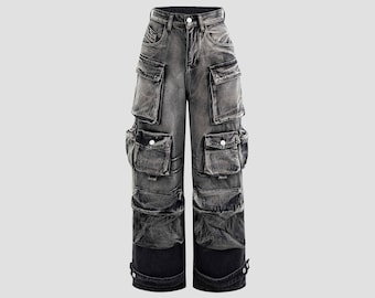 Pantalón cargo de mezclilla con lavado ácido gris, pantalón cargo gótico, pantalón gótico, pantalón punk Trippprs, pantalón holgado, pantalón de mezclilla, rock, punk, gótico, alternativo