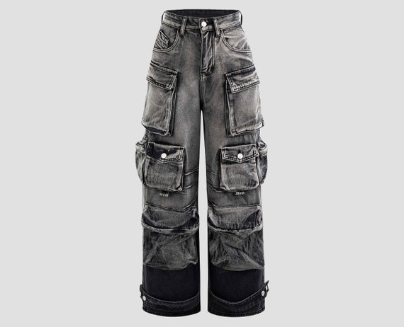 Grey Acid Wash Denim Cargo Pants, Gothic Unisex Baggy Pants Grey Acid Wash Denim Cargo Pants, Gothic Unisex Baggy Pants