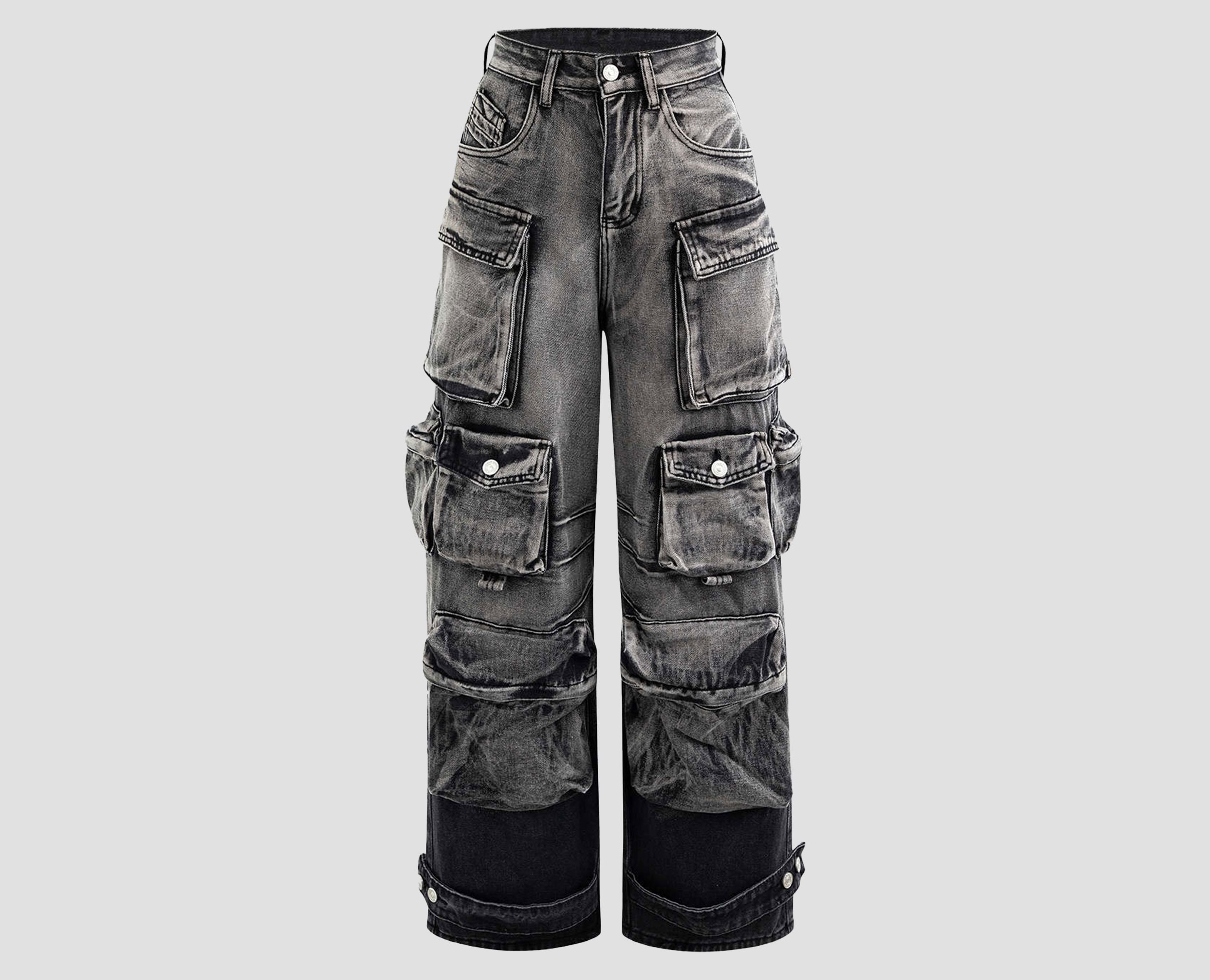 Grey Acid Wash Denim Cargo Pants, Gothic Unisex Baggy Pants Grey Acid Wash Denim Cargo Pants, Gothic Unisex Baggy Pants