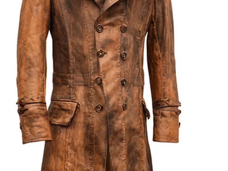 May include: A brown leather coat with a double-breasted design. The coat features multiple buttons, two front pockets, and buttoned cuffs. The leather has a distressed, weathered appearance, with variations in color.