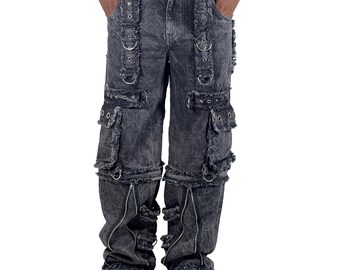 Gestapelde gothic-cargojeans voor heren: handgemaakte vintage denim bootcut-broek