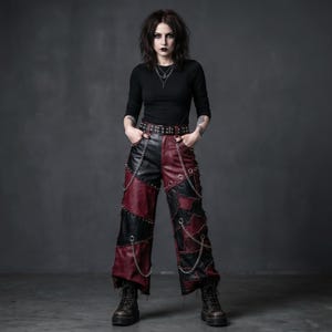 Gothic Patchwork Lederhose für Frauen, Schwarze Burgund Punkhose mit weitem Bein mit Ketten und Spikes, Custom Handmade Goth Industrial
