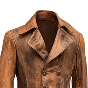 May include: A brown leather double-breasted coat with a wide collar. The coat has a distressed, vintage appearance with visible wear and tear. The coat has two rows of buttons and a classic trench coat design.