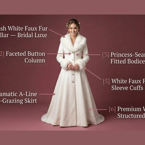 Puede incluir: Un abrigo de novia blanco con cuello y pu&ntilde;os de piel sint&eacute;tica. El abrigo presenta un corpi&ntilde;o ajustado con costuras de princesa, una falda dram&aacute;tica de l&iacute;nea A y una columna de botones facetados. Hecho de lana blanca estructurada.