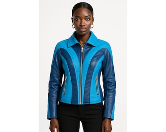 Women's Genuine Leather Color Block Jacket, Retro Moto Style