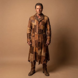 May include: A person stands wearing a long patchwork leather coat and boots. The coat is made of various shades of brown leather, with a distressed finish and a ragged hem. The boots are brown, matching the coat's colour scheme.