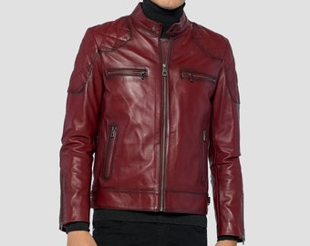 Veste de moto en cuir véritable rouge pour hommes, veste en cuir de motard bordeaux pour hommes, veste de motard en cuir slim fit, veste en cuir rouge de style classique