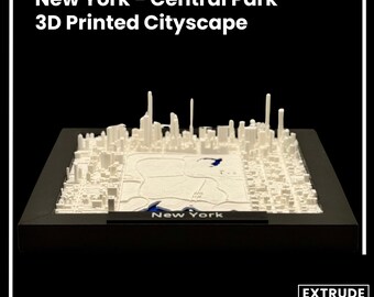 Puede incluir: Maqueta impresa en 3D de Central Park en Nueva York, con edificios blancos y detalles del parque sobre una base negra. El texto "New York - Central Park 3D Printed Cityscape" se muestra en la parte superior.