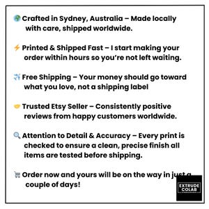 May include: A white informational graphic featuring black text and various icons. The text includes: Crafted in Sydney, Australia, Printed & Shipped Fast, Free Shipping, Trusted Etsy Seller, Attention to Detail & Accuracy, and a logo for EXTRUDE COLAB.