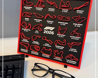 Formule 1-kalender seizoen 2026, F1-bureaukalender met standaard, 3D-geprint raceschemaweergave, F1-fancadeau