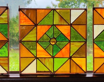 set of 3 modern stained glass suncatchers, unique geometrical glass panels, handmade orange and green hanging