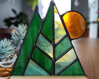 Modern stained glass tealight candle holder,  scandinavian like piece, pine tree decor, ambient light