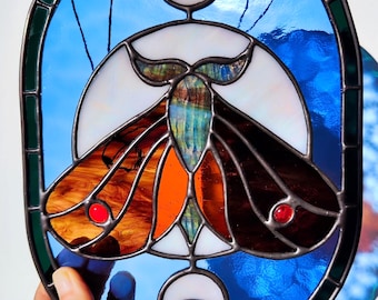 Modern stained glass hanging, moth suncatcher, 26,5cm x 19,5cm, a mystic addition to any space