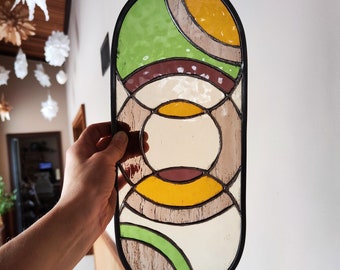 Stained glass suncatcher, that '70s show inspired panel, retro hanging with intertwined circles