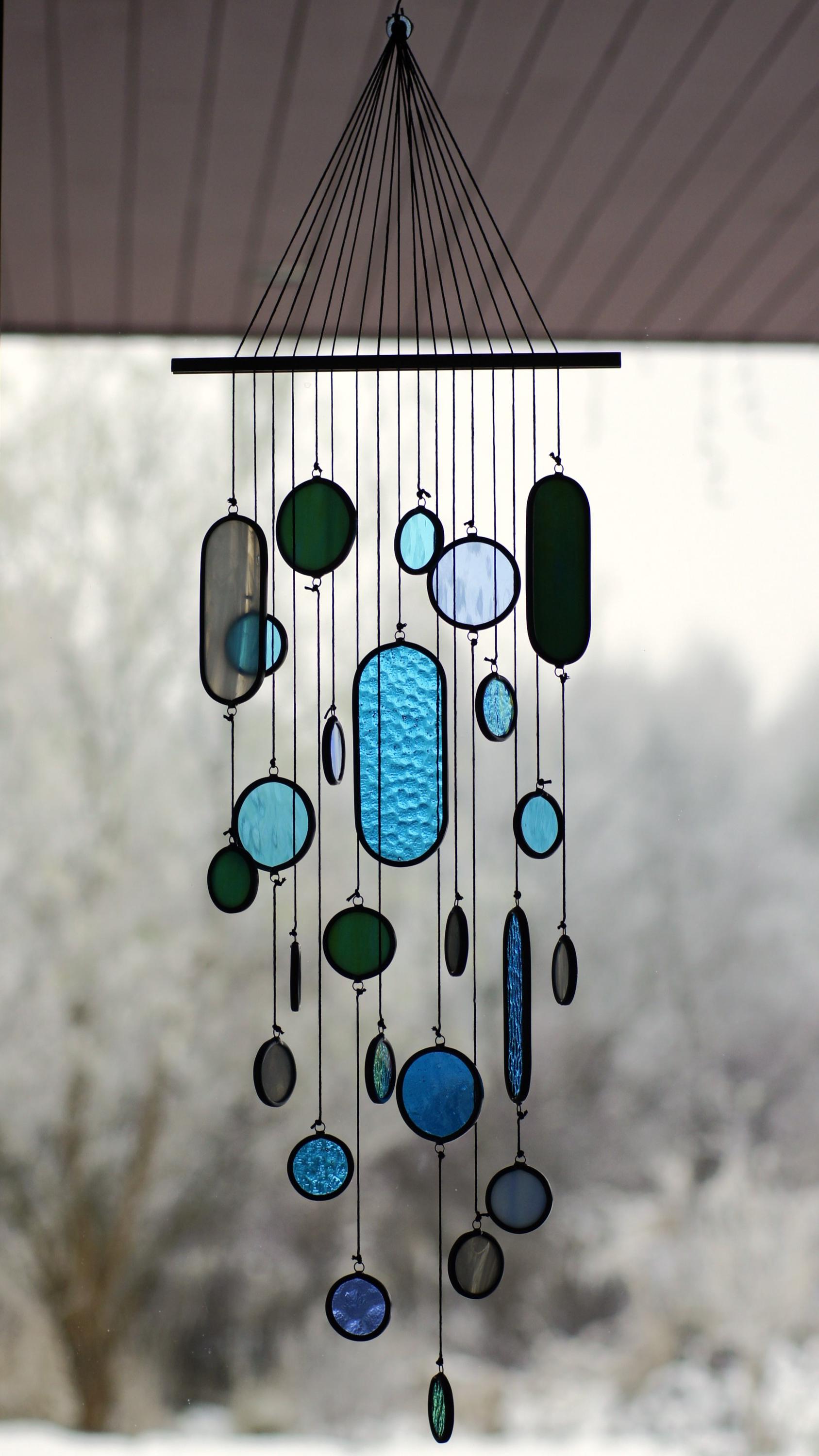 Handmade Stained Glass Mobile Suncatcher, Turquoise Blue White Iridescent Glass, 82cm long, organic hanging
