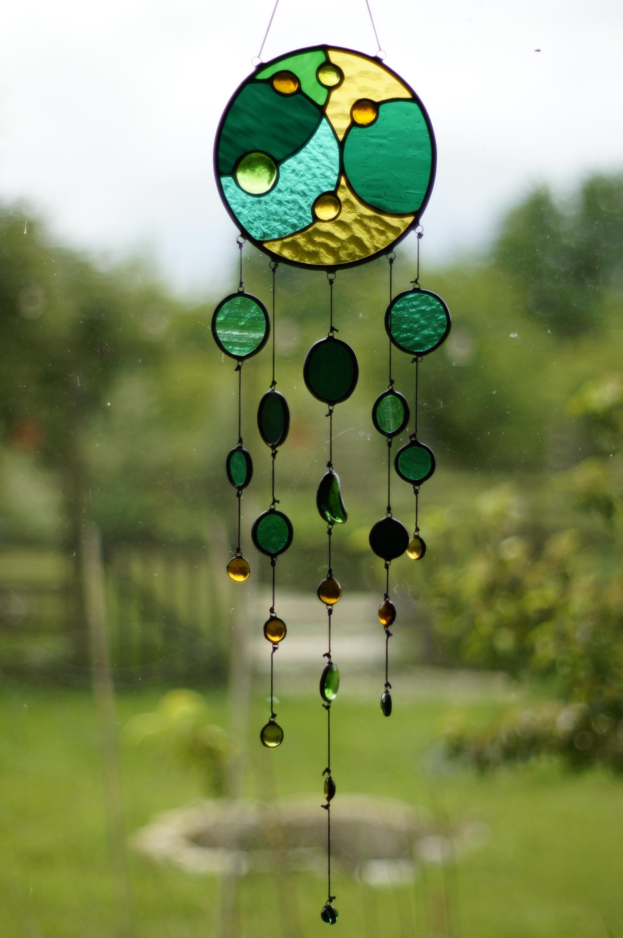 Stained Glass Mobile: Amber, Green Suncatcher with Cabochons