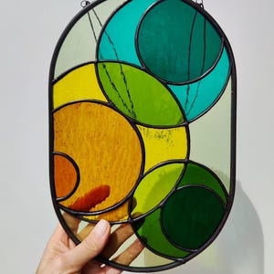 Modern stained glass hanging, suncatcher with circles, unique abstract home decor in all shades of summer, 28.5cm x 18.5cm