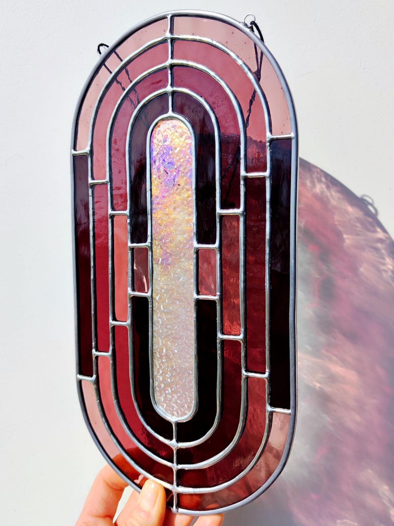 Art Deco Stained Glass Suncatcher, Pink Burgundy Gradient, Handmade ...